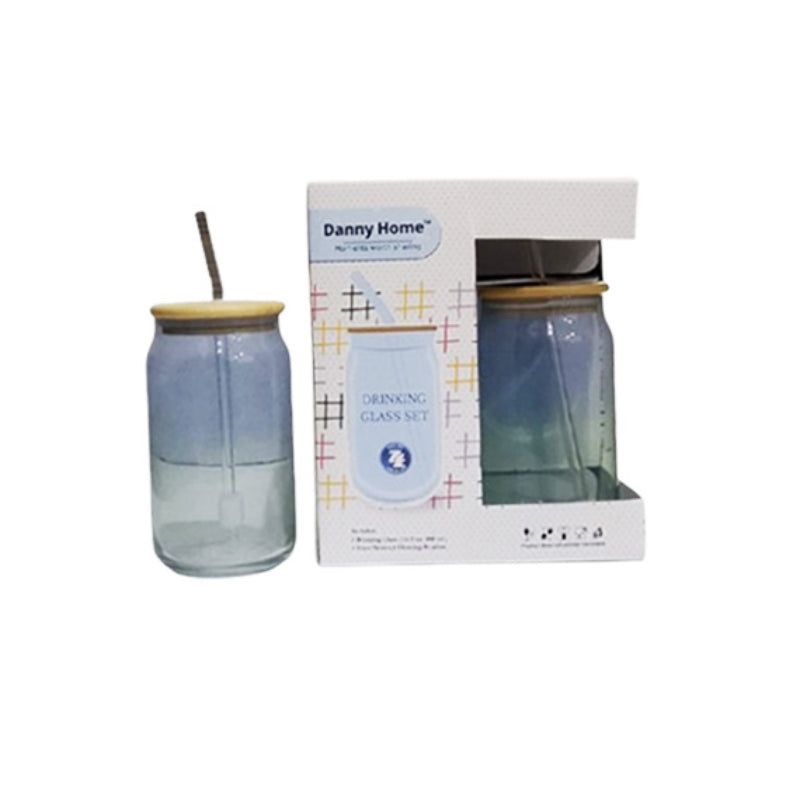 Drinking Glass With Straw & Wooden Lid 480ml