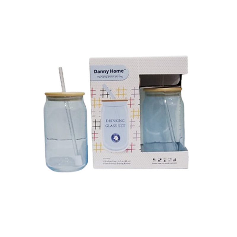 Drinking Glass With Straw & Wooden Lid 480ml