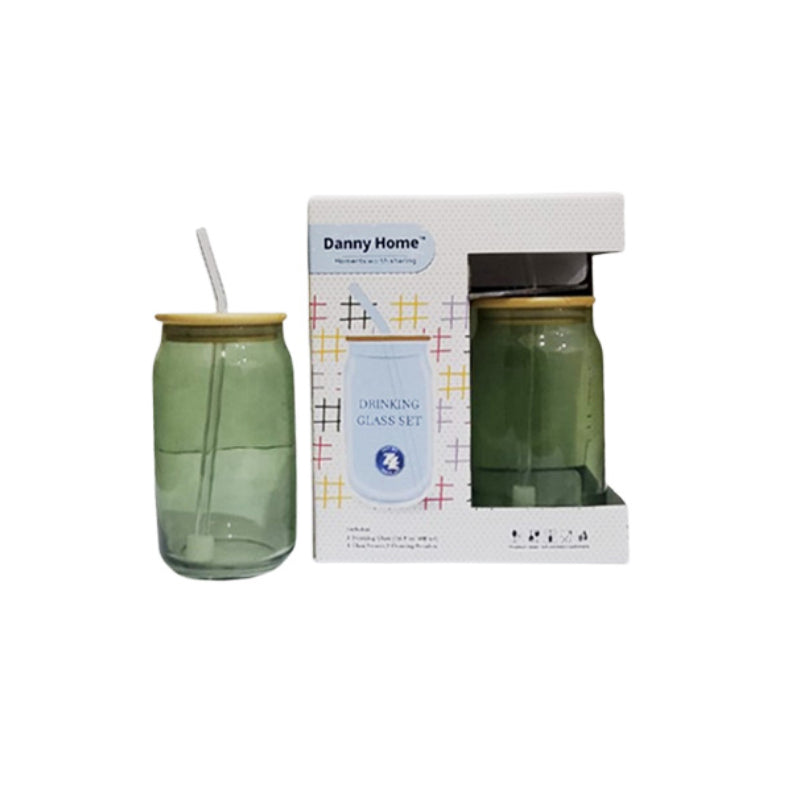 Drinking Glass With Straw & Wooden Lid 480ml