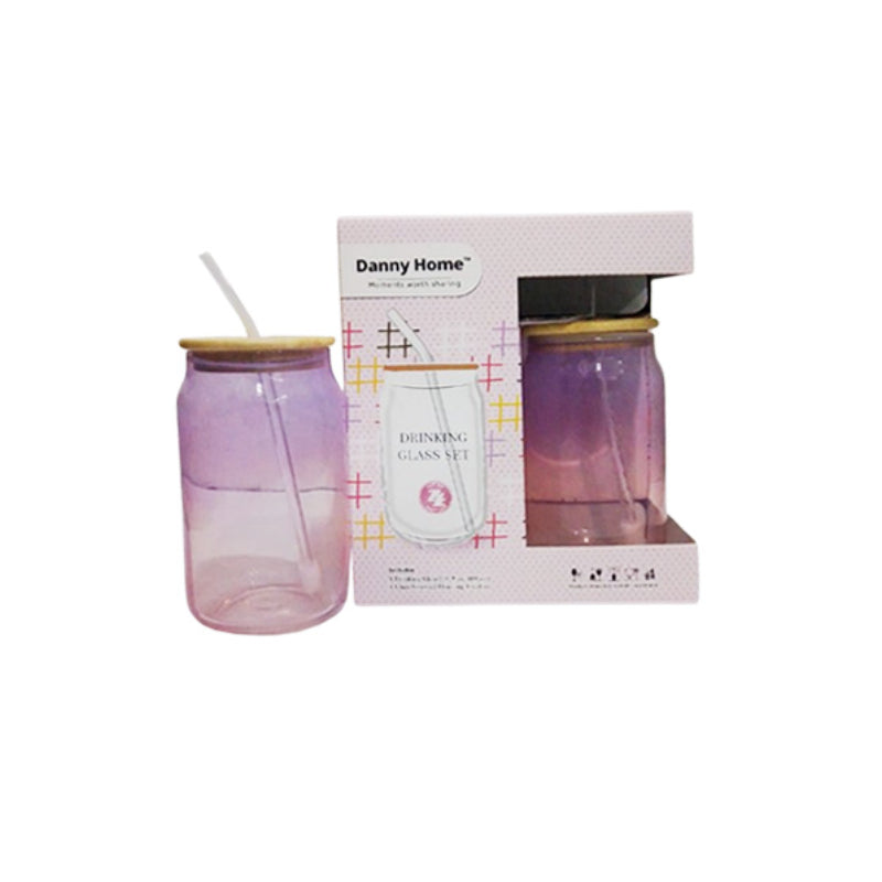 Drinking Glass With Straw & Wooden Lid 480ml