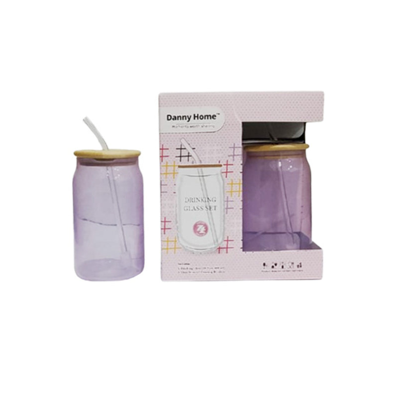 Drinking Glass With Straw & Wooden Lid 480ml