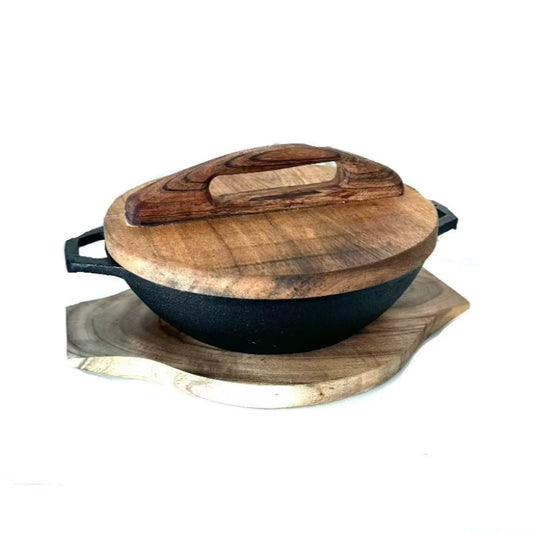 Cast Iron Wok 22cm With Wooden Lid & Base