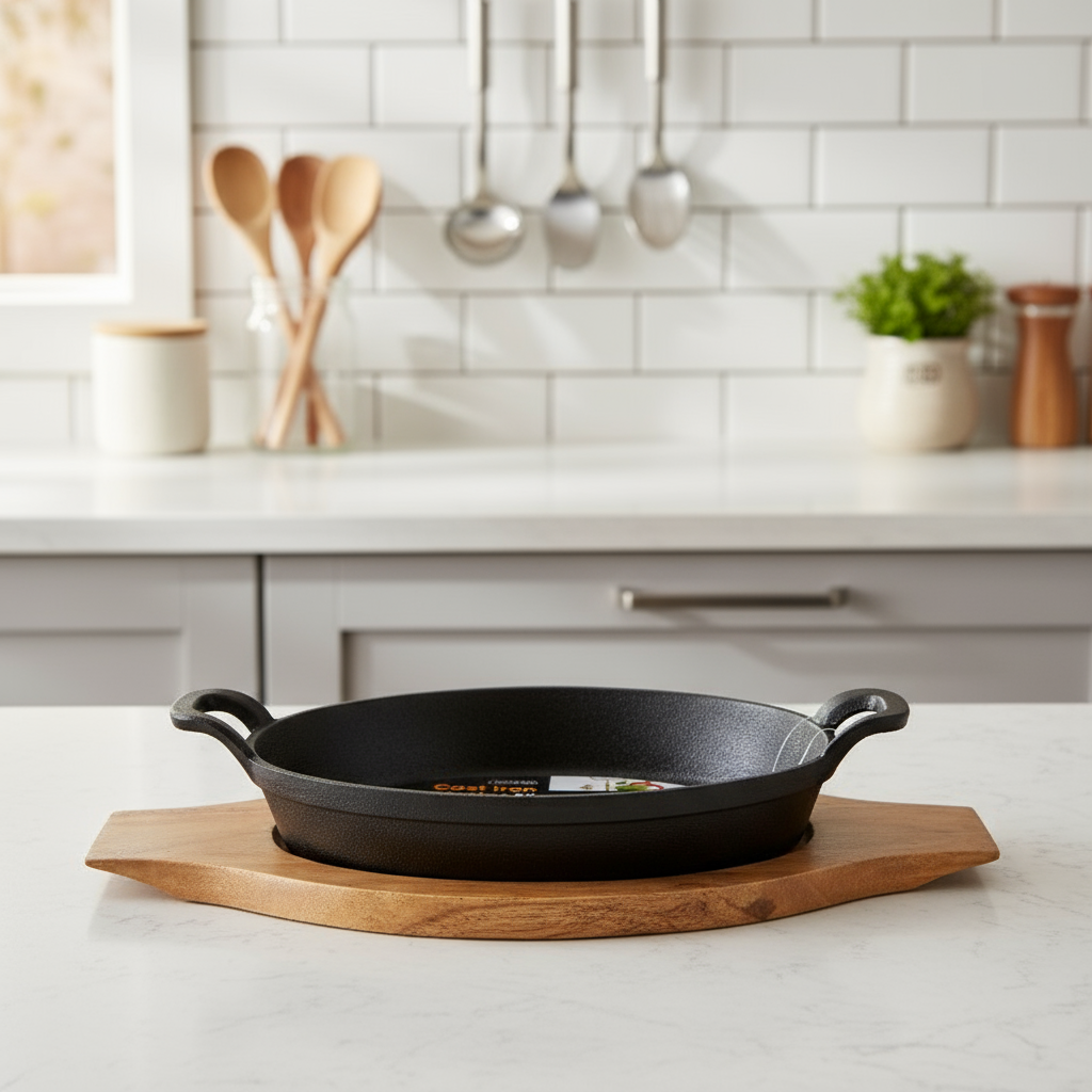 Cast Iron Sizzler 22cm With Wooden Base