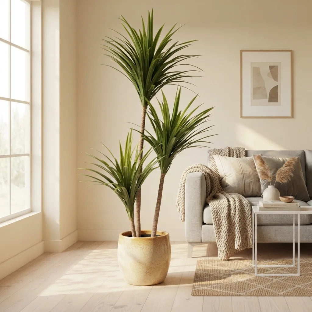 Large narrow-leaf potted plant with green blades in beige pot, 200cm tall