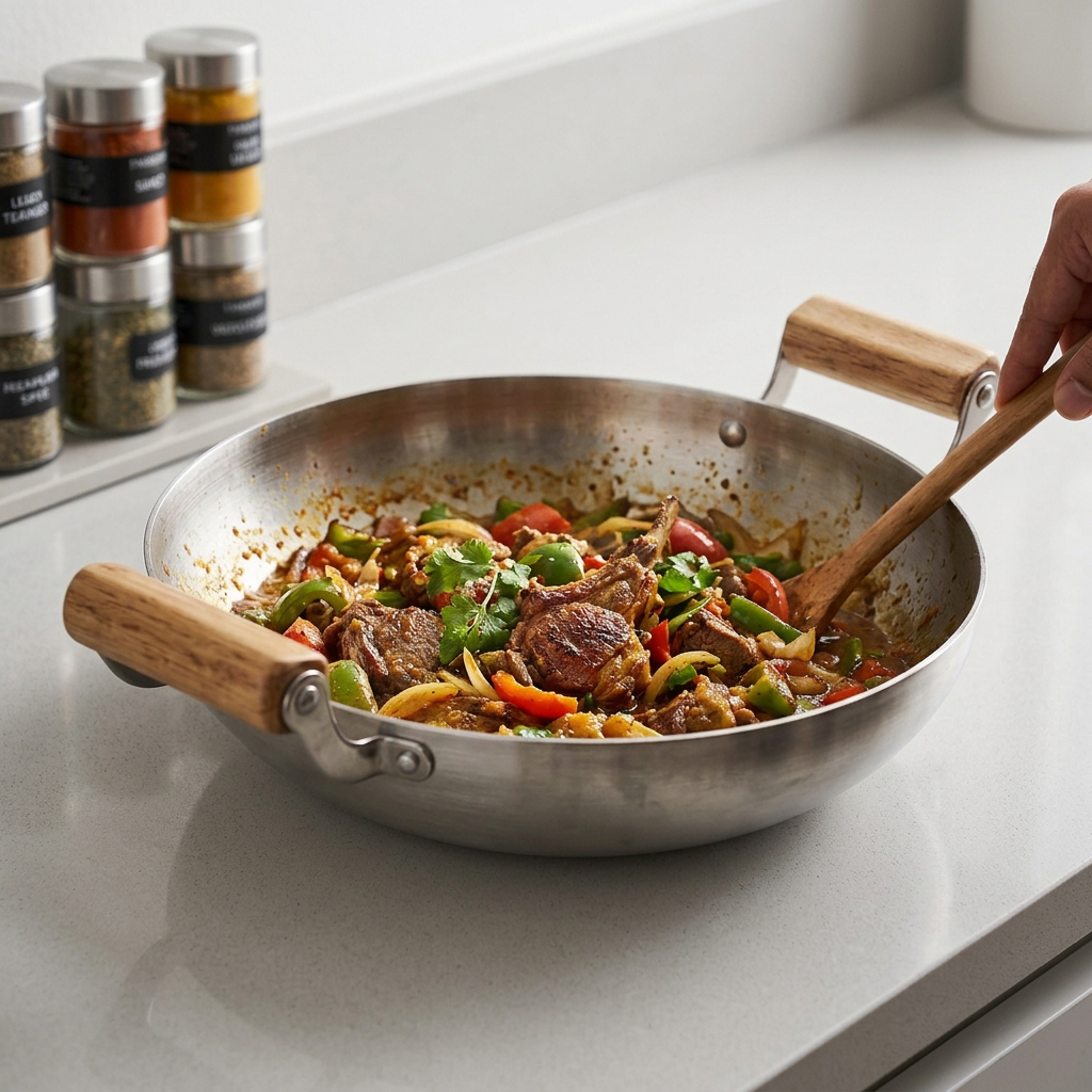 Stainless steel karahi pan with two wooden handles, holding cooked food