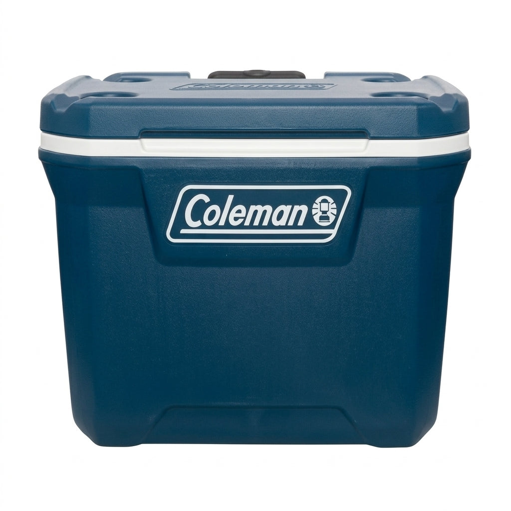 Coleman wheeled cooler in dark blue with hinged lid and front logo.