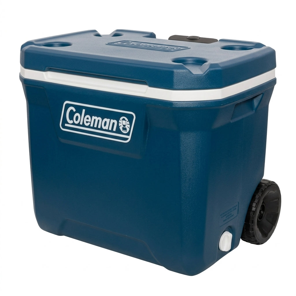 Coleman dark blue cooler with wheels, hinged lid, and side logo.