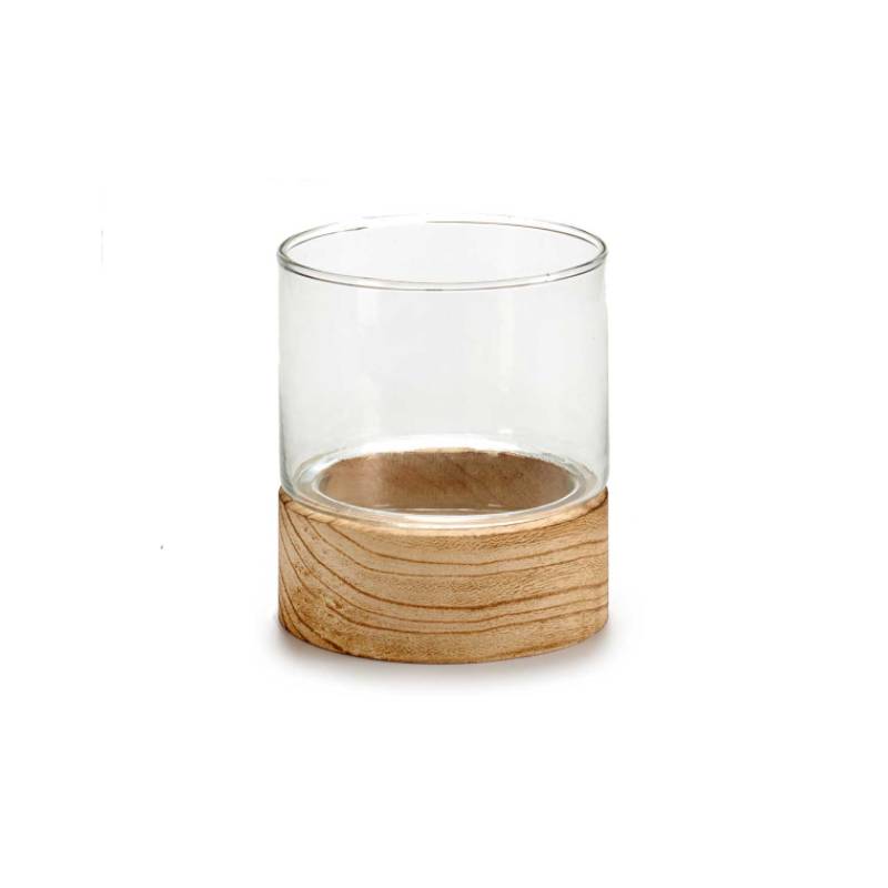 Glass Candleholder Wood Base Orbed Small