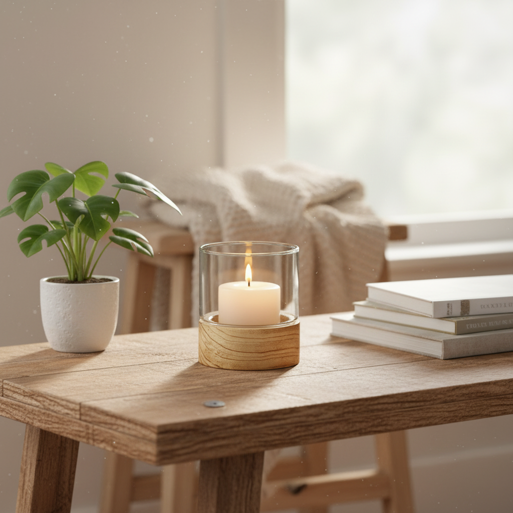 Glass Candleholder Wood Base Orbed Small