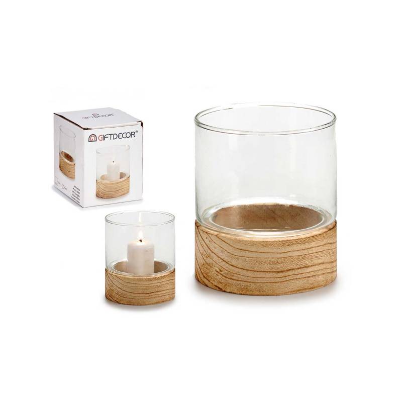 Glass Candleholder Wood Base Orbed Small