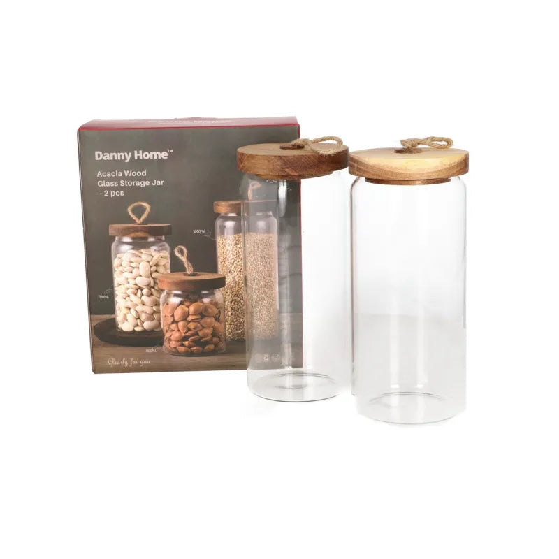 Glass Storage Jar With Wooden Lid 1050ml (Set of 2pcs)