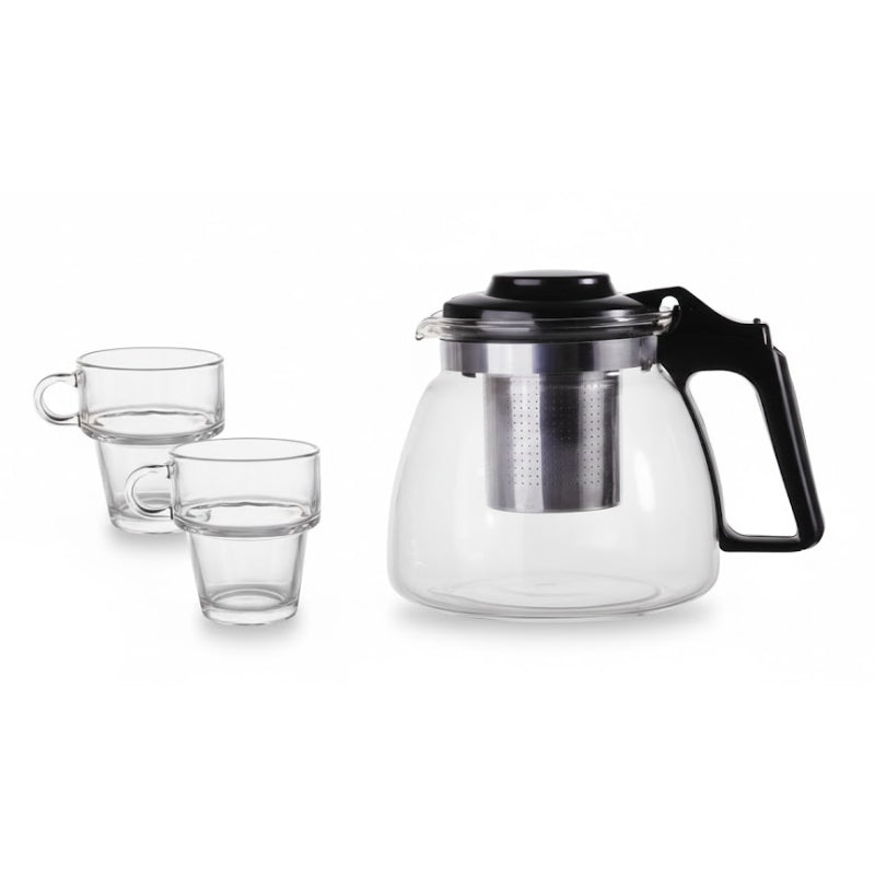 Glass Tea Kettle 900ml With Two Cups 270ml