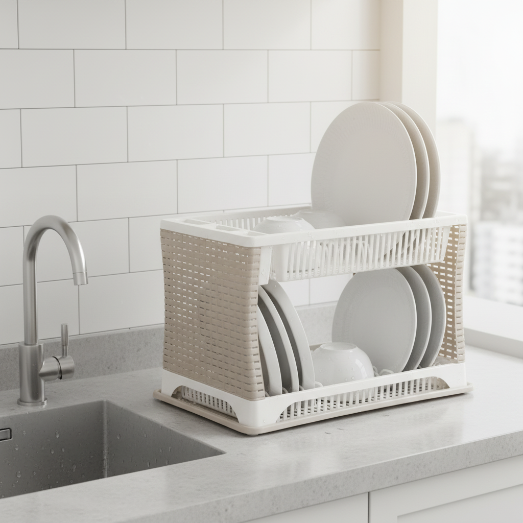 Two Tier Rattan Dish Rack White