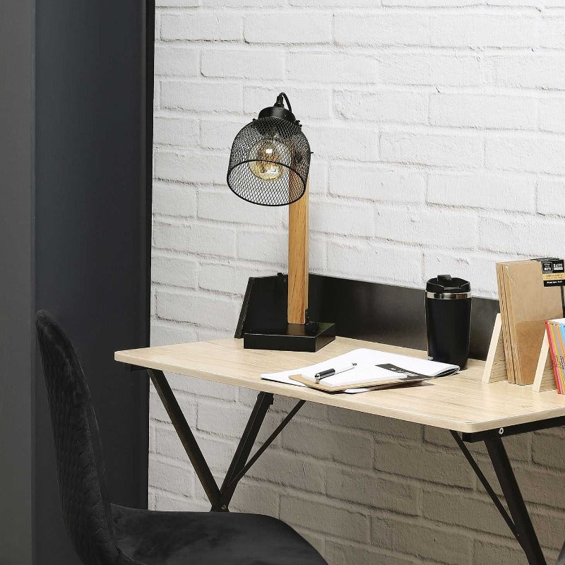 Black Metal Mesh and Wood Table Lamp