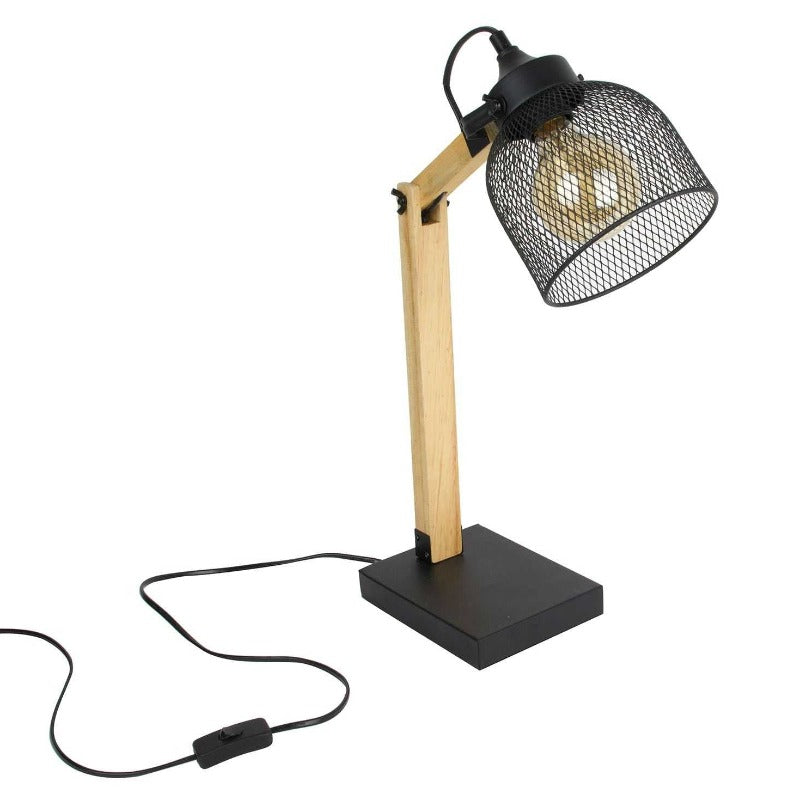 Black Metal Mesh and Wood Table Lamp