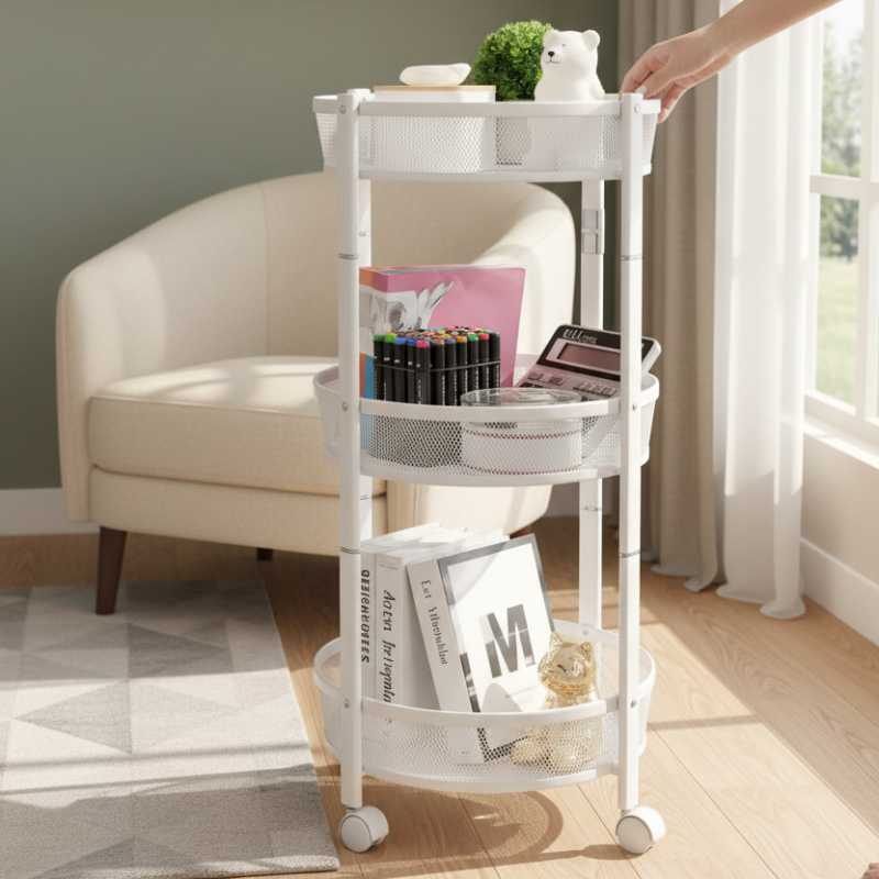 3 Tier Round Rotating Storage Trolley With Wheels White