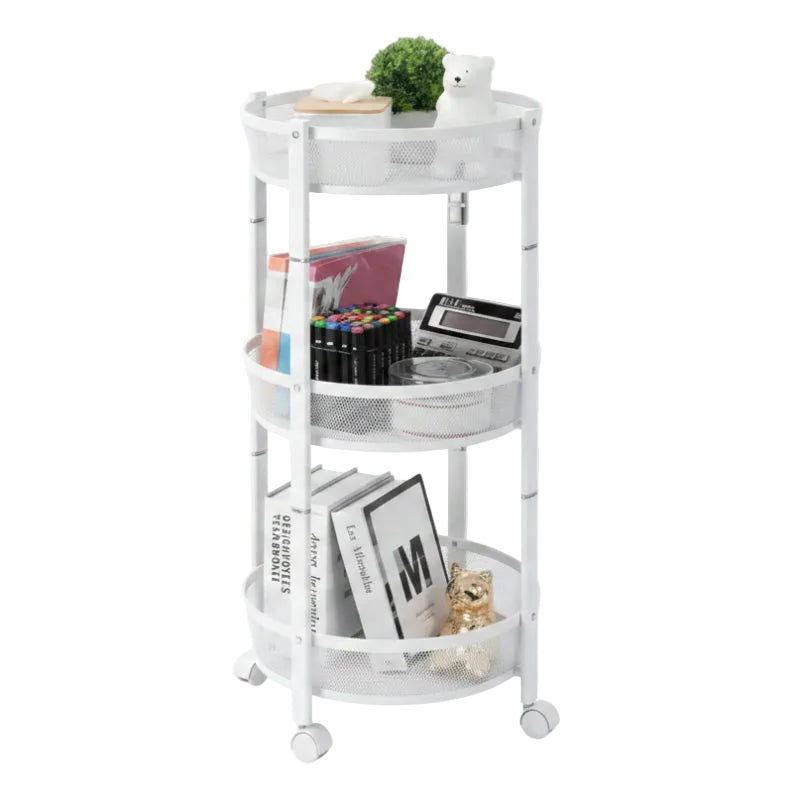3 Tier Round Rotating Storage Trolley With Wheels White