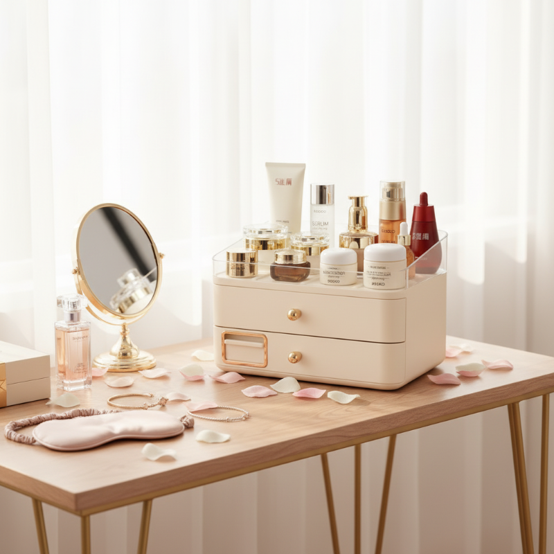 Makeup Organizer With Duo Drawers Beige