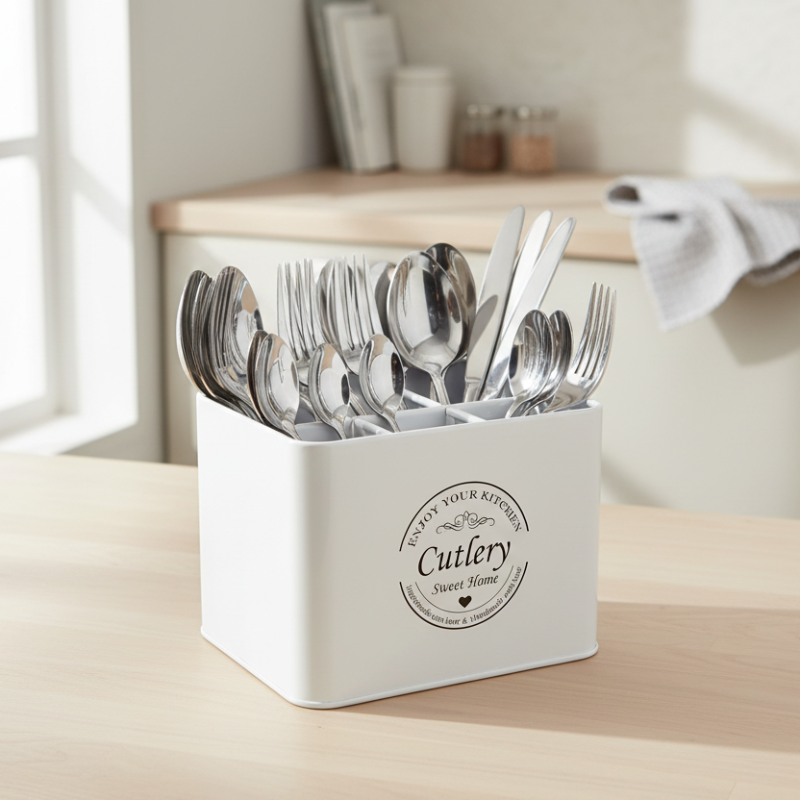 Metal Square Cutlery Tray White 4 Compartments