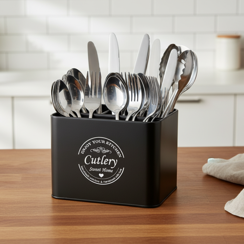 Metal Squared Cutlery Tray Black 4 Compartments