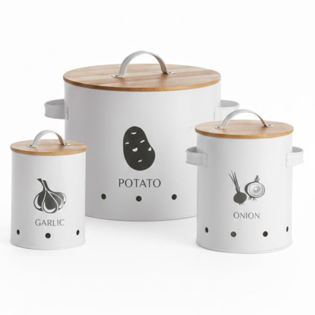 Metal Storage Canister White With Lid & Handle (Set of 3)