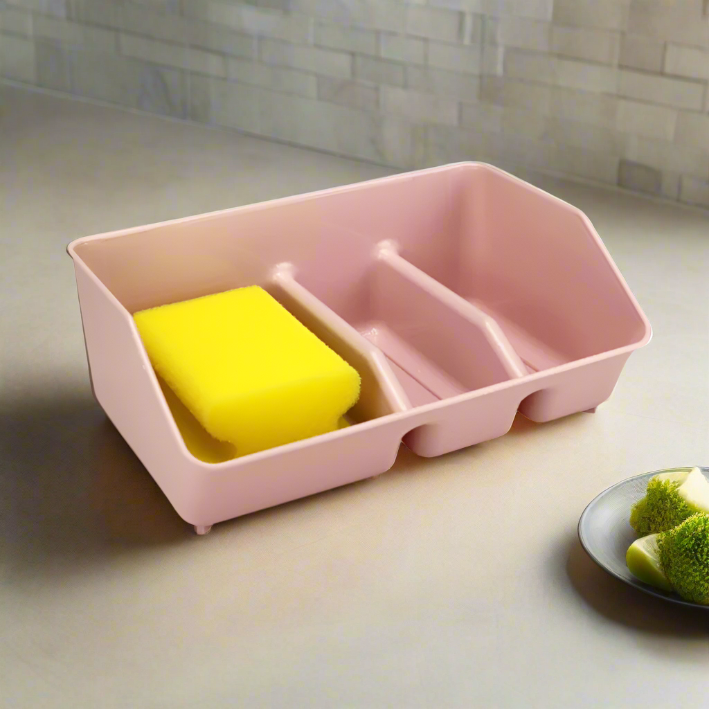 Multi-Compartment Plastic Sink Caddy with Sponge