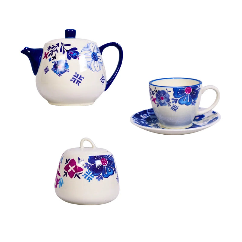 Porcelain Tea Set White (Set of 16pcs) Blue Flower