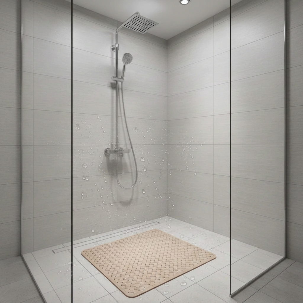 Beige anti-slip bath mat, square 50x50 cm, textured grip surface
