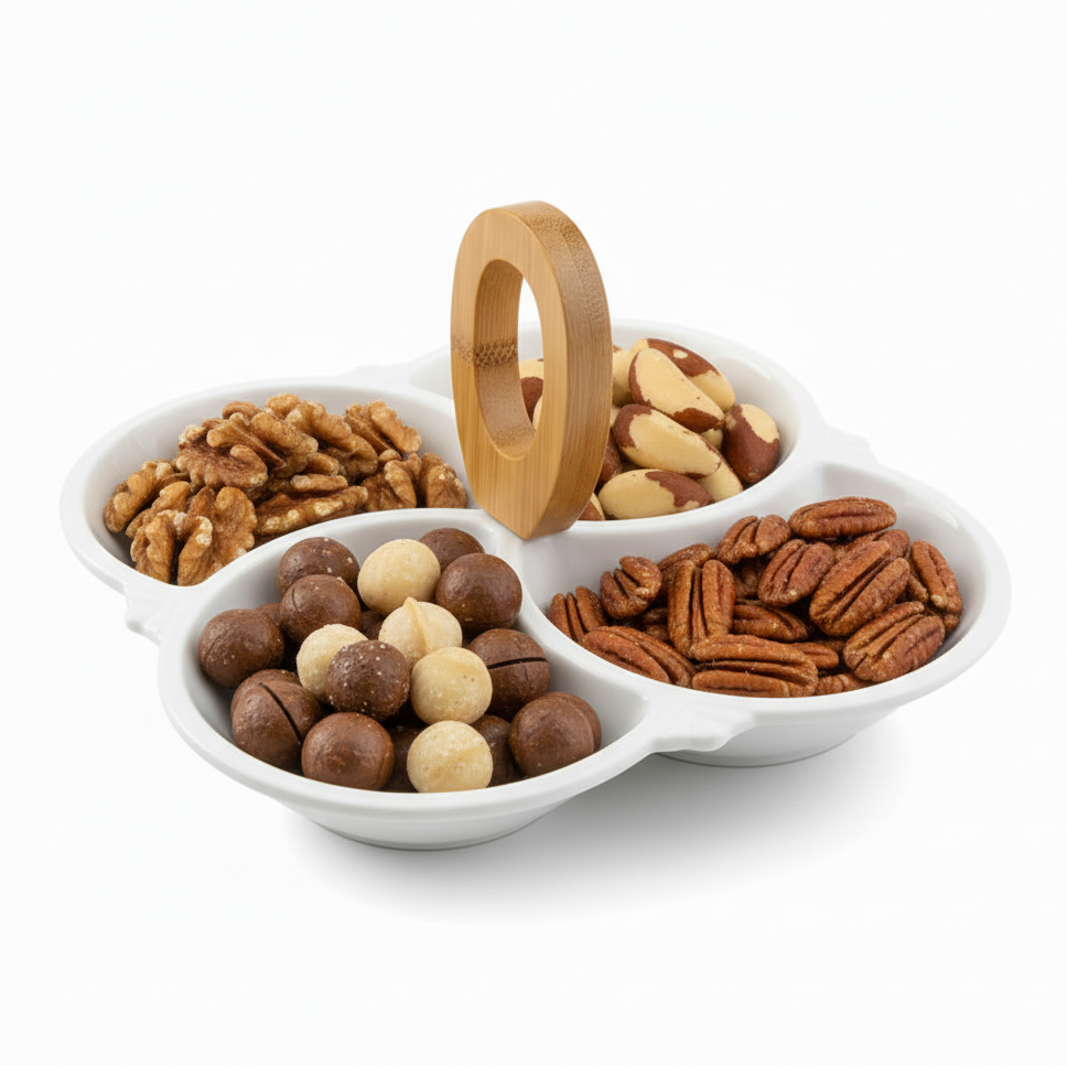 Porcelain 4 Division Dry Fruit Dish Wood Handle