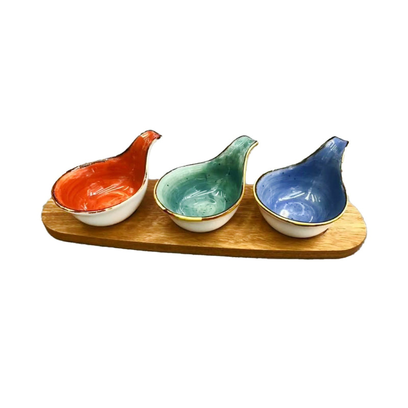 Porcelain Dessert Sauce Bowl 4.75" with Wooden Tray (Set of 4)