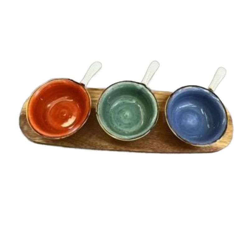 Porcelain Dessert Sauce Bowl 5.25" with Wooden Tray (Set of 4)