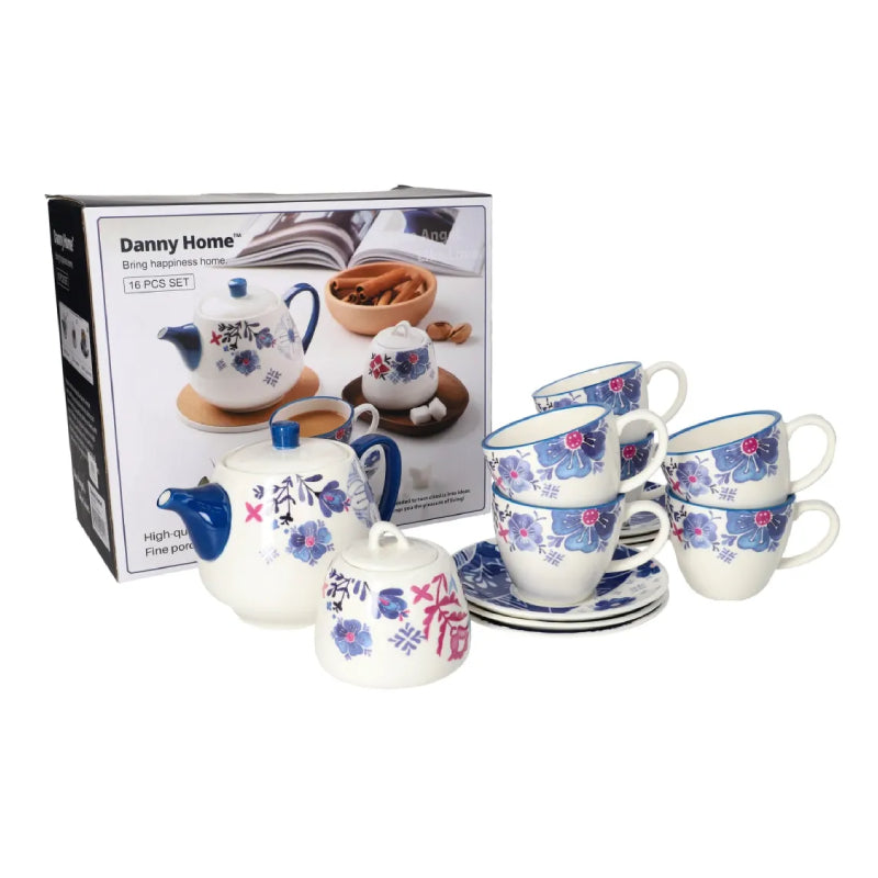 Porcelain Tea Set White (Set of 16pcs) Blue Flower