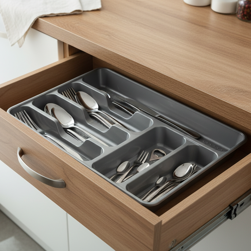 Rectangle Plastic Cutlery Tray With 5 Compartments Grey