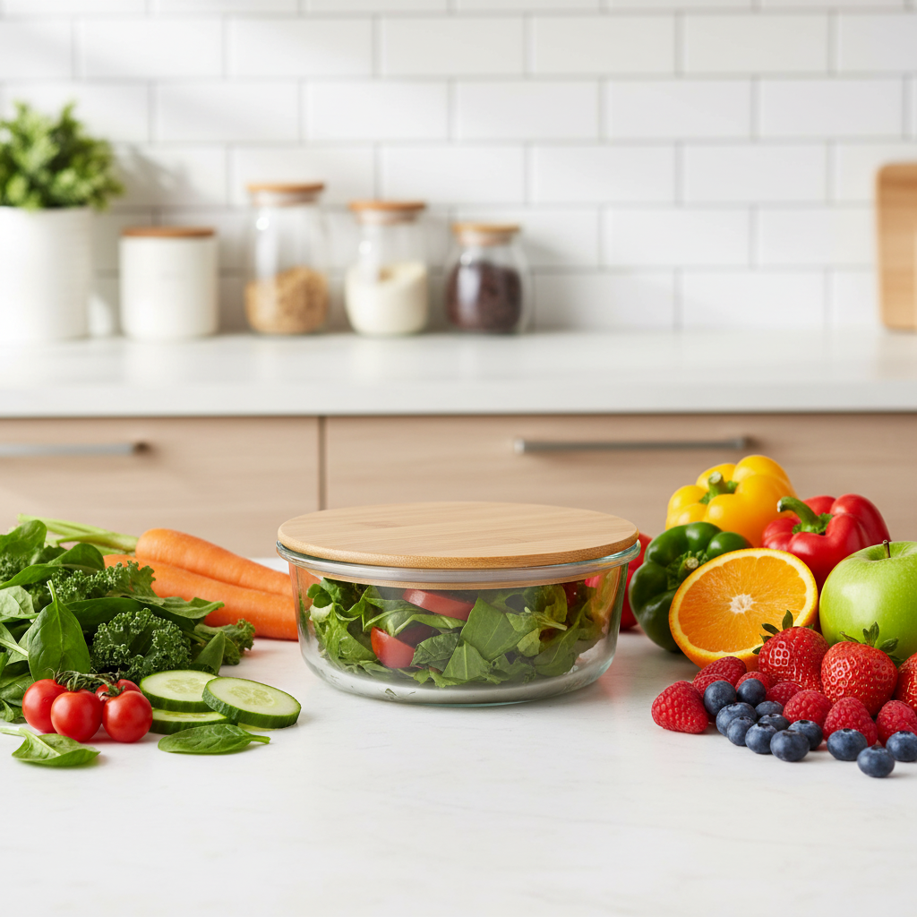 Round Glass Container Box With Bamboo Cap 950ml