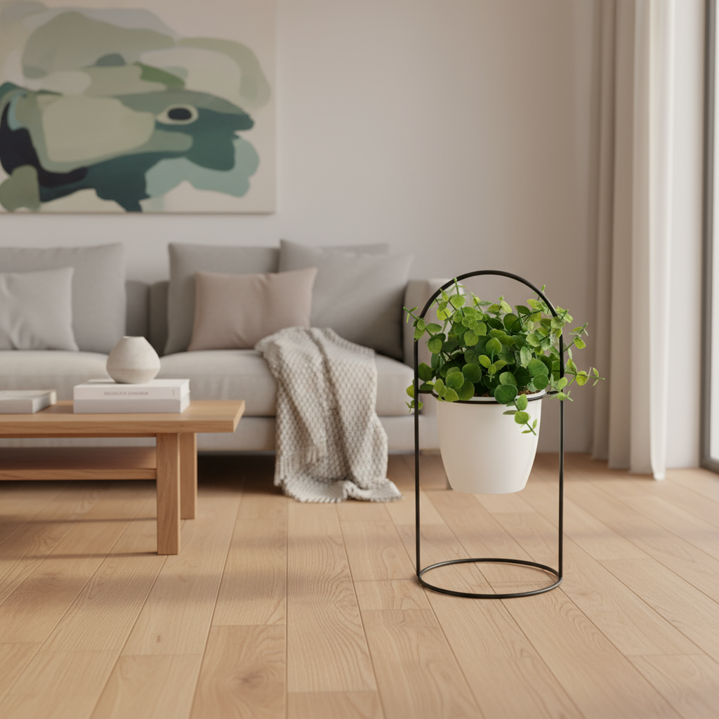 Round Leaf Plant With White Metal Base