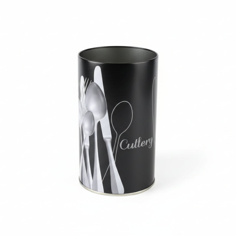 Round Tin Cutlery Holder Black