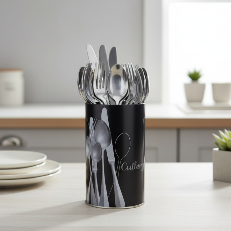 Round Tin Cutlery Holder Black