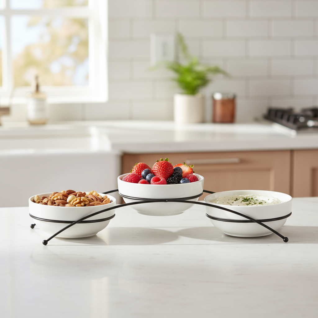 Round White Porcelain Bowls With Stand 350ml (Set of 3)