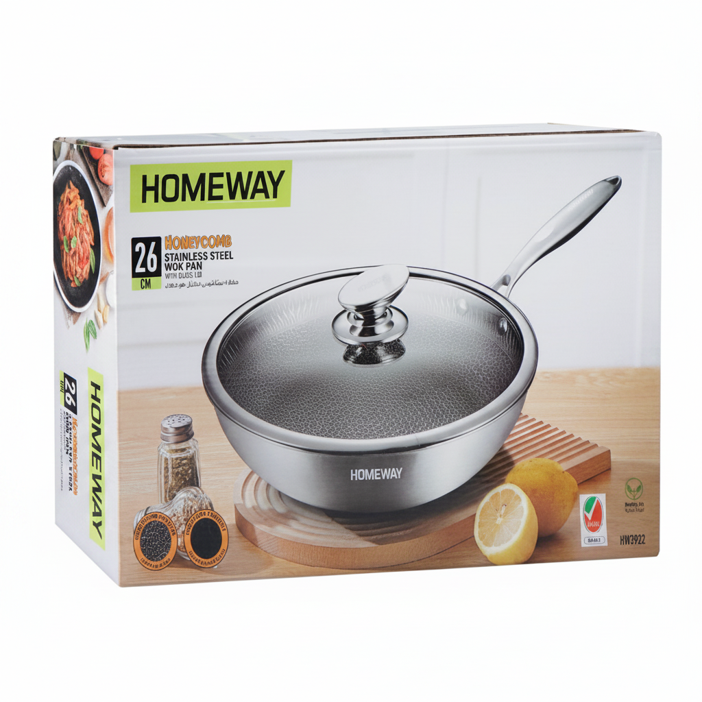 Homeway Wok Pan Honey Comb 26cm With Lid