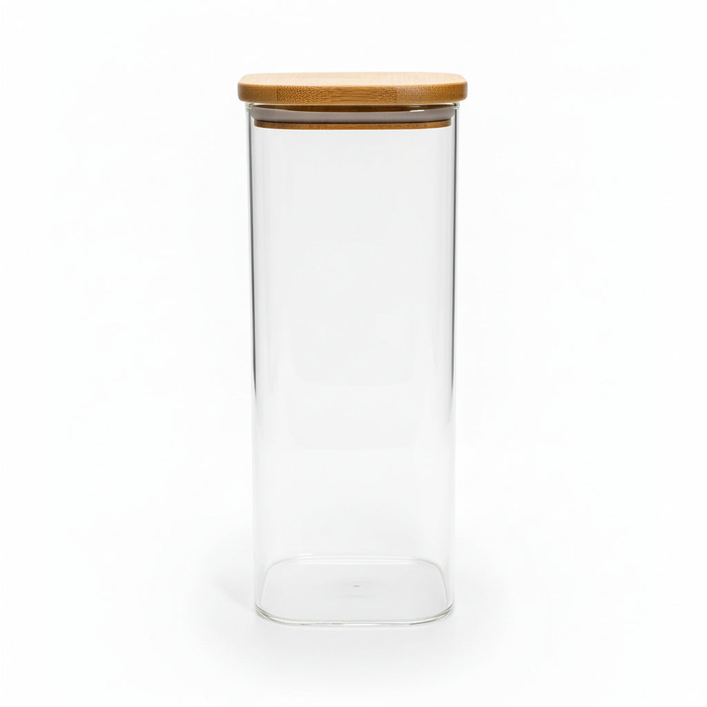 Square Glass Snack Storage Container With Wood Lid 1800ml