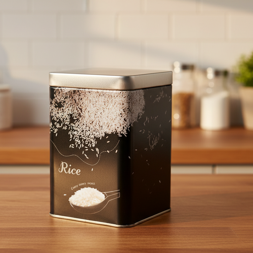 Square Tin Storage Rice Jar Black