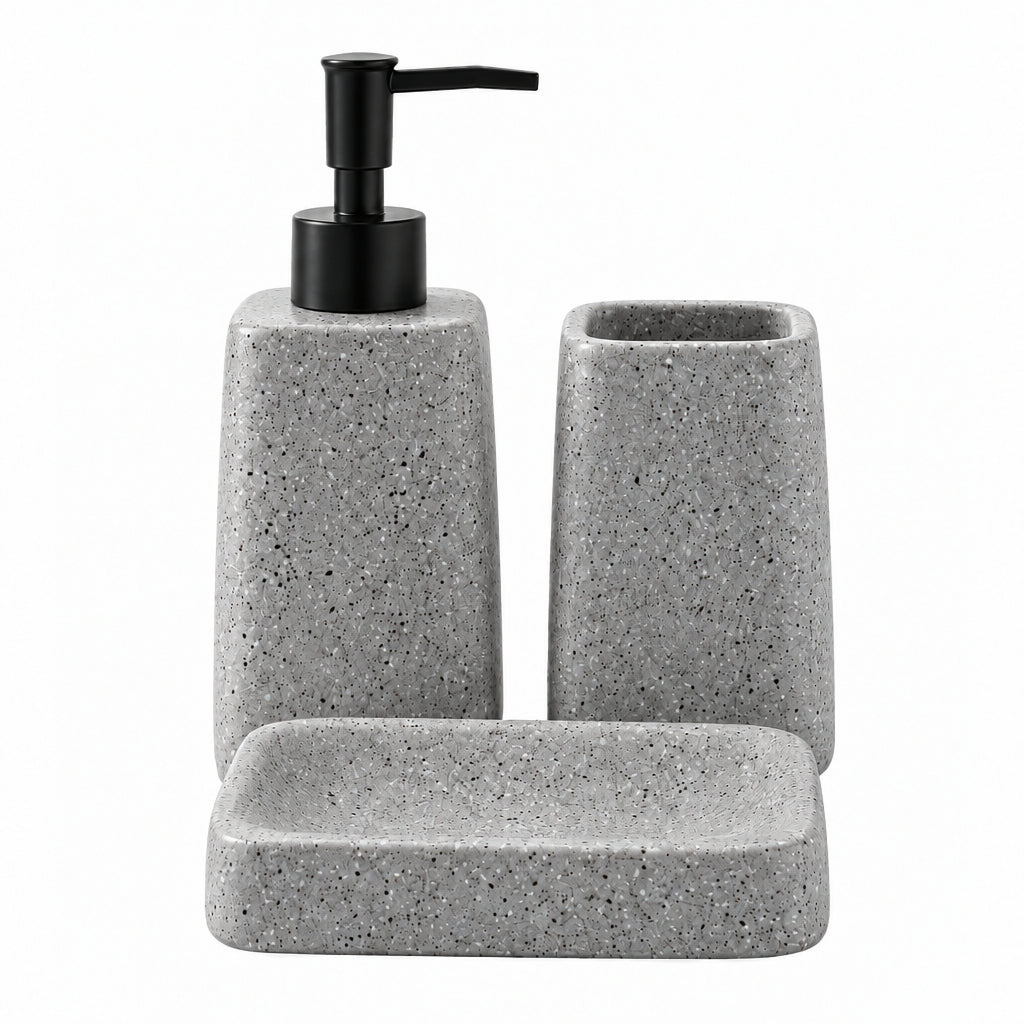 Stone grey ceramic bathroom set with soap dispenser pump and toothbrush holders