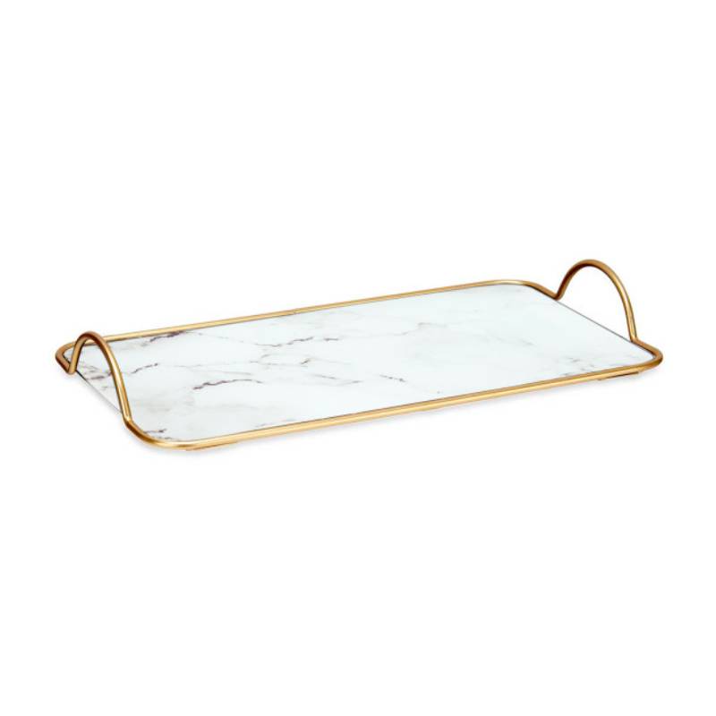 Tray With Handles White Marble Effect Glass 35cm
