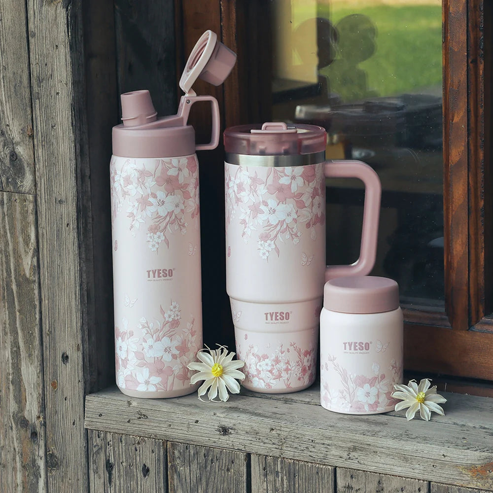 Tyeso Vacuum Insulated Sports Bottle 900ml Floral Blush Pink
