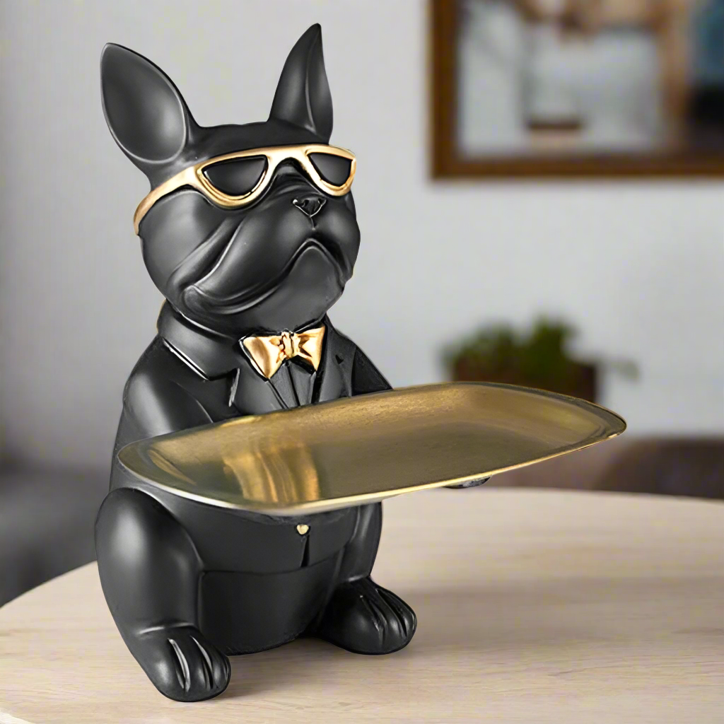 Decorative Bulldog Figure With Gold Tray Stainless Steel