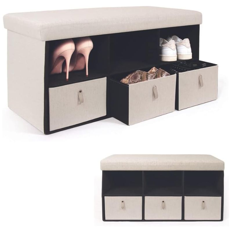 Foldable Storage Bench With Fabric Storage Bins