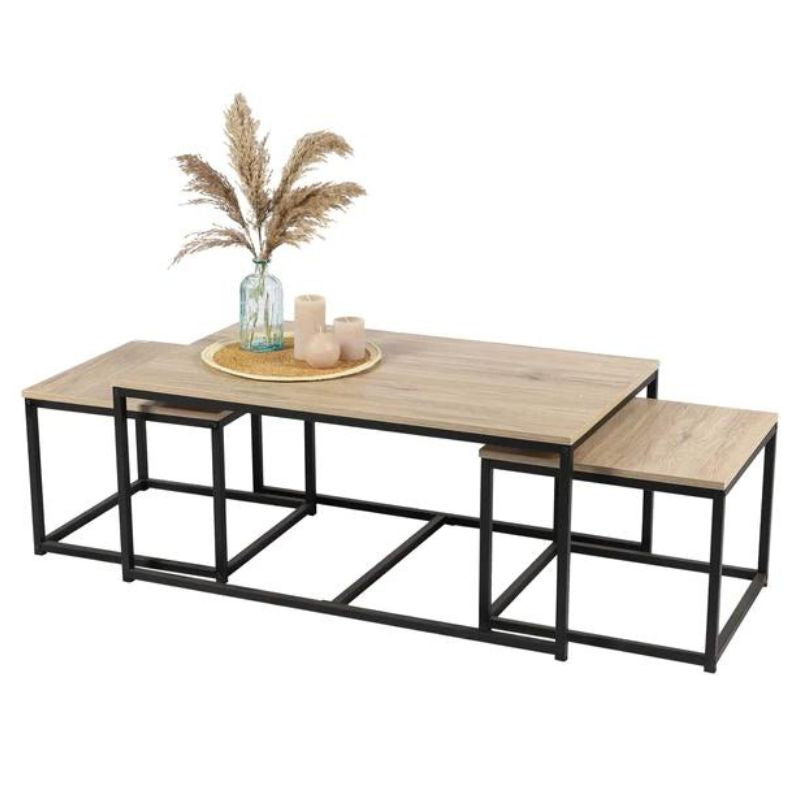 Nest of 3 Coffee & Side Tables with Black Frame & Wooden Tops