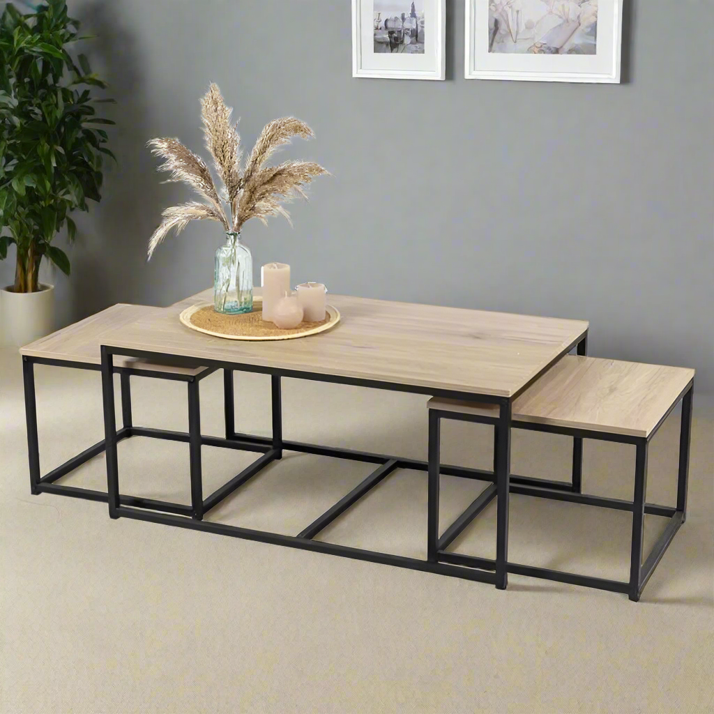 Nest of 3 Coffee & Side Tables with Black Frame & Wooden Tops