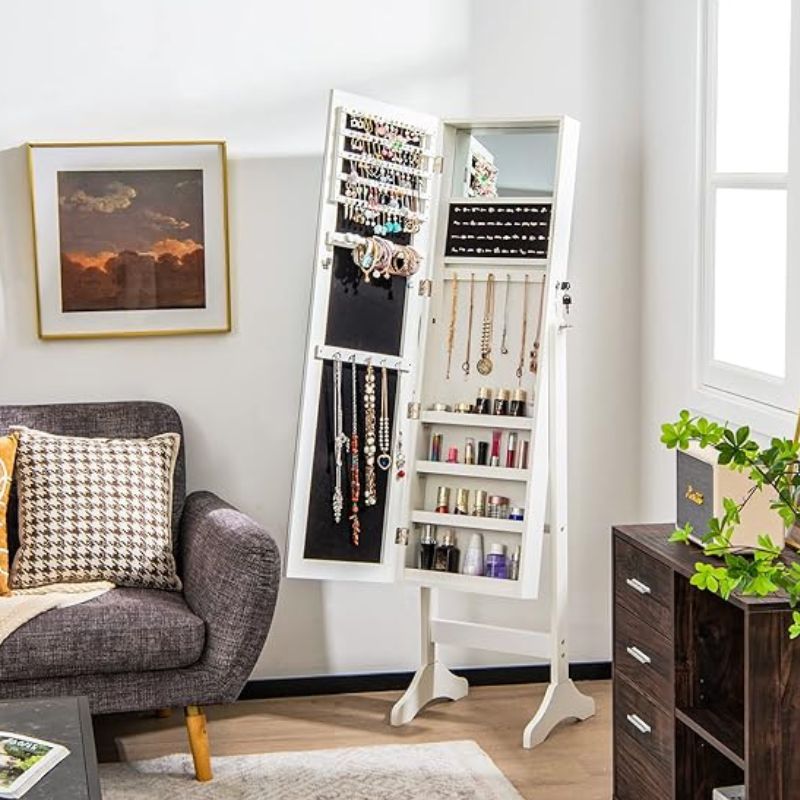 Lockable Jewelry Cabinet with Full Length Mirror White