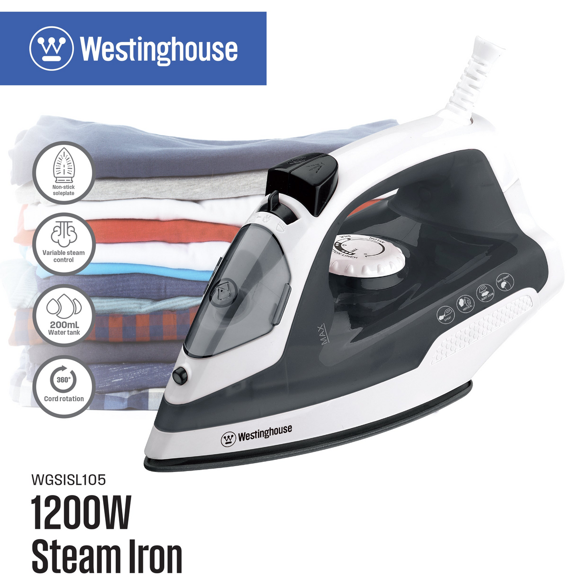 Westinghouse steam iron in white and dark gray with steam control dial